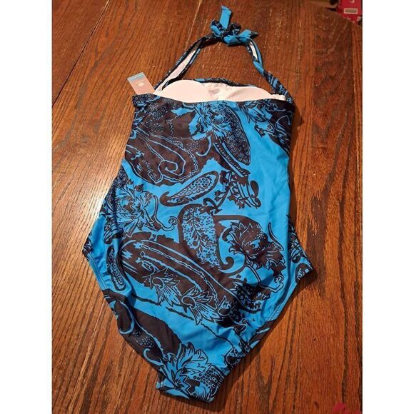 New Large Smismivo Blue Black Ruched Tummy Control Swimsuit Bathing Suit NWT - Picture 4 of 6